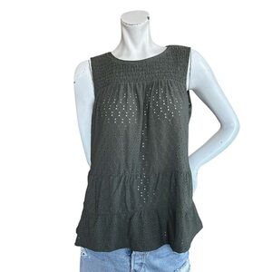 Michael Kors Moss Green Sleeveless Smocked Eyelet Tiered Tank Top Size Medium